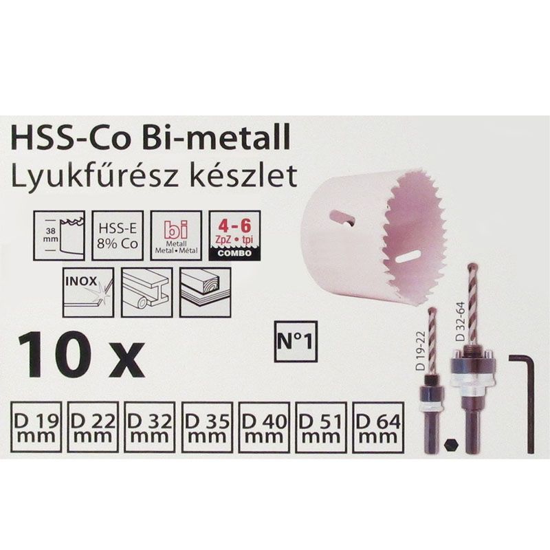 LYUKFŰRÉSZ KLT 10DB HSS-CO No1 19-64mm+2DB ADAPTER INOXHOZ IS IMPORT KÉSZLETEK