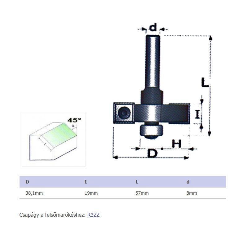 FELSŐMARÓ 45FOK D38,1*18,5mm D08mm SZÁR HSS FAIPARI KÉTÉLŰ MASSIVETOOLS 513813 MARÁS