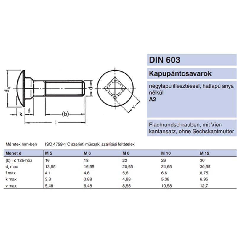 KAPUPÁNTCSAVAR M10*080 DIN 603-A2 INOX  METRIKUS CSAVAROK