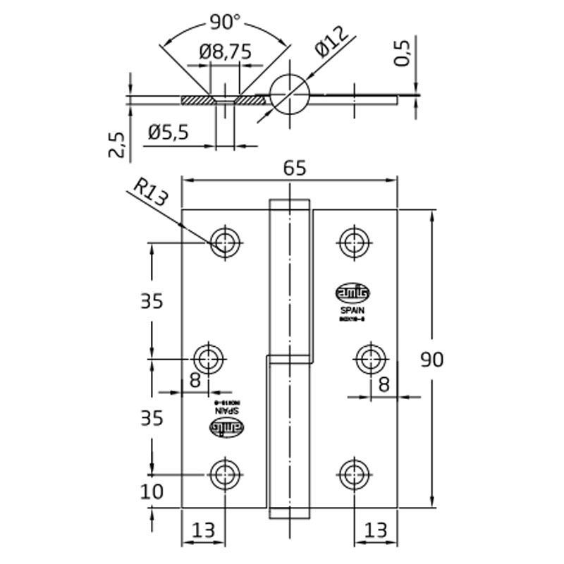 AMIG 424/4665 - MHA 477 AJTÓPÁNT SZÖGLETES 90*65*2,5mm INOX BAL/IZDA  AJTÓVASALAT