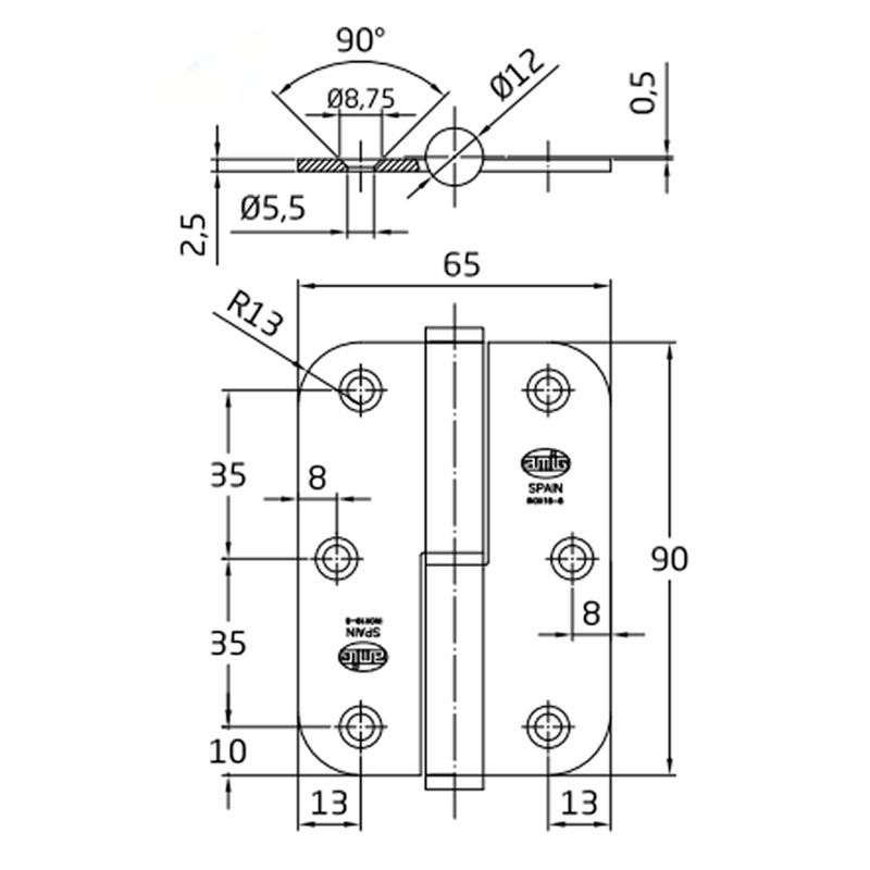 AMIG 423/4319 - MHA 477 AJTÓPÁNT KEREKÍTETT 90*65mm INOX JOBB (MAGYAR BAL)  AJTÓVASALAT