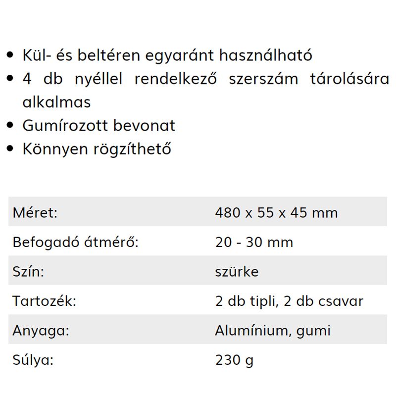 SZERSZÁMTARTÓ FALI 4 SLOT-OS UNIVERZÁLIS 48X5,5X4,5 HANDY 57148B MŰHELYFELSZERELÉS