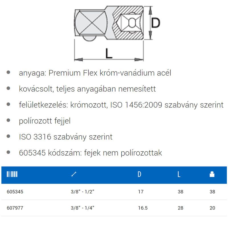 UNIOR 607977 DUGÓKULCS ÁTALAKÍTÓ 238.7/1 /3/8col- 1/4col  SZERSZÁM-KULCSOK