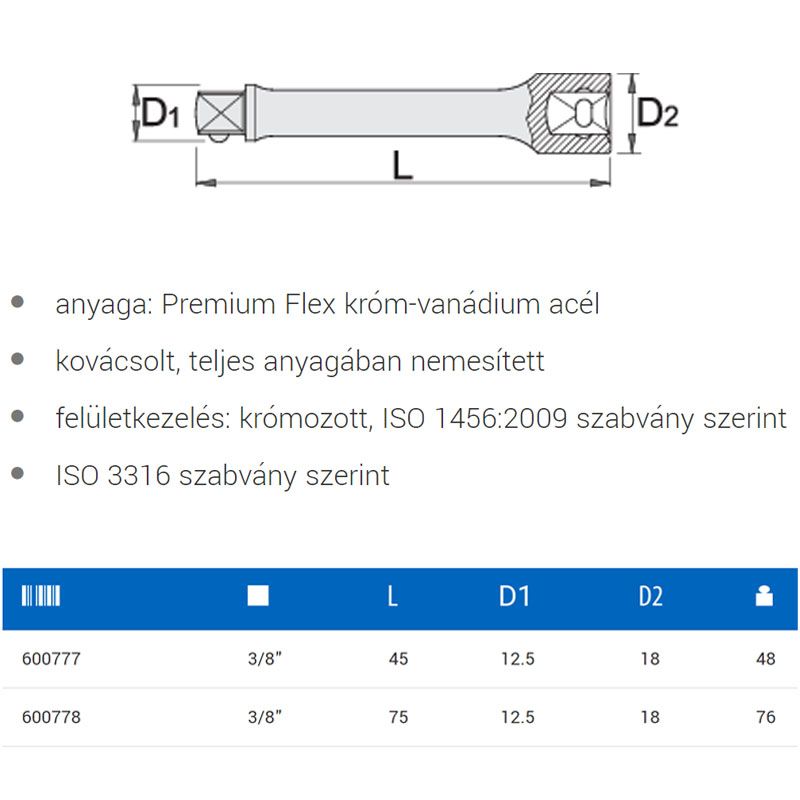 UNIOR 600777 TOLDÓSZÁR 3/8col 45mm 238.4/1 EXTRA RÖVID-STANDARD  SZERSZÁM-KULCSOK