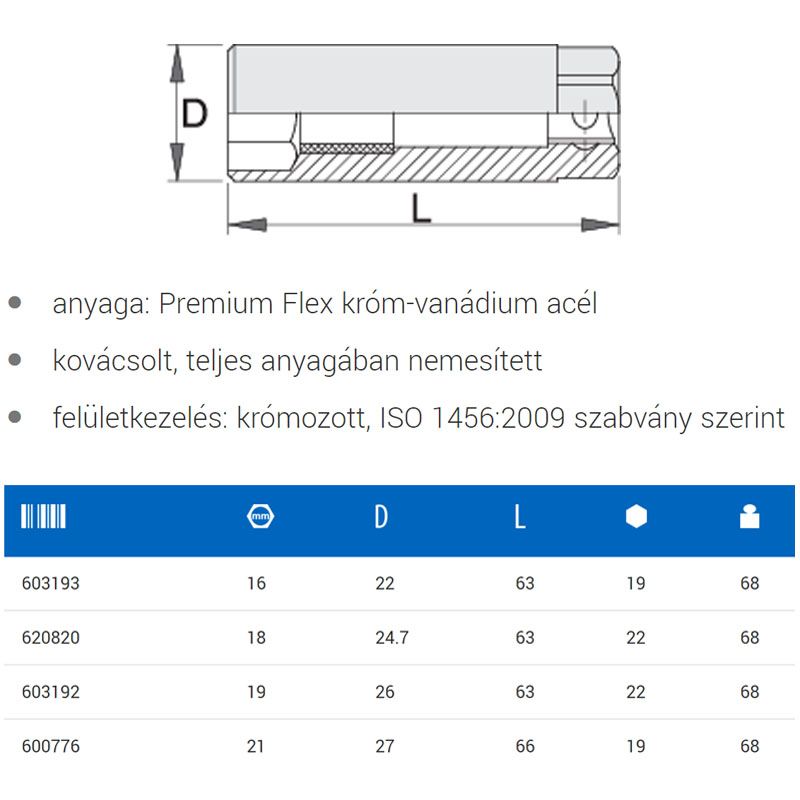 UNIOR 600776 GYERTYAKULCSFEJ 21 3/8col 186.4/2  SZERSZÁM-KULCSOK