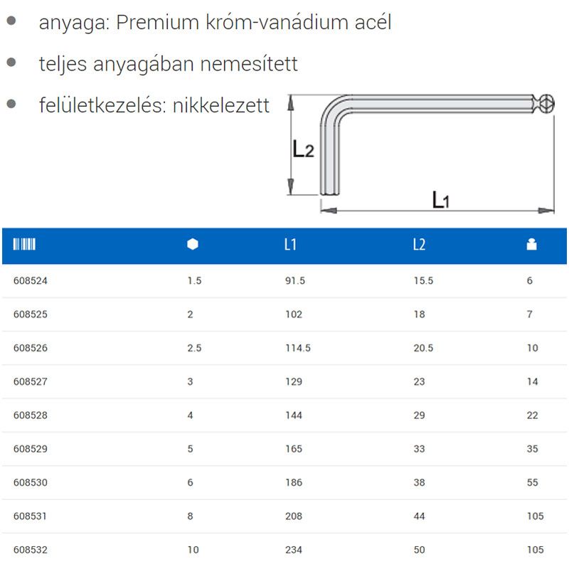 UNIOR 608526 IMBUSZKULCS SW 02.5 220/3SL GÖMBVÉGŰ-HOSSZÚ-L NIKK  SZERSZÁM-KULCSOK