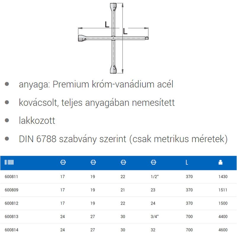 UNIOR 600812 KERESZTKULCS /17*19*22*24 213/6 370*370mm Cr-V  SZERSZÁM-KULCSOK