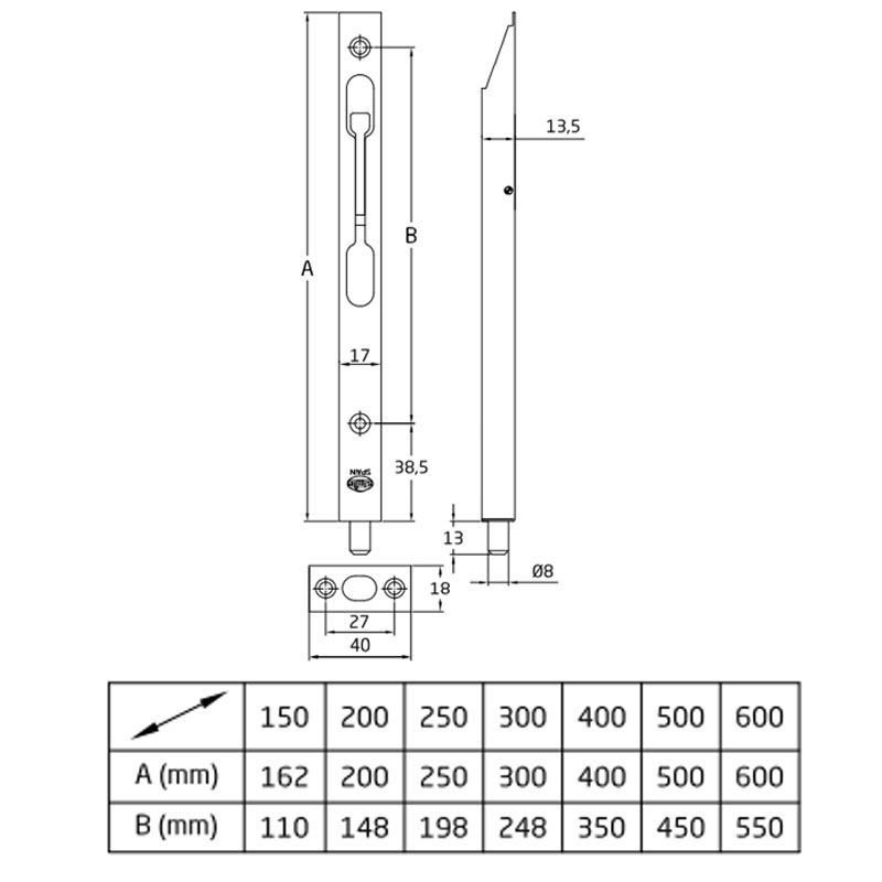 AMIG 401/5855 - MHA 600 TOLÓZÁR ÁTVETŐS 200mm INOX  AJTÓVASALAT