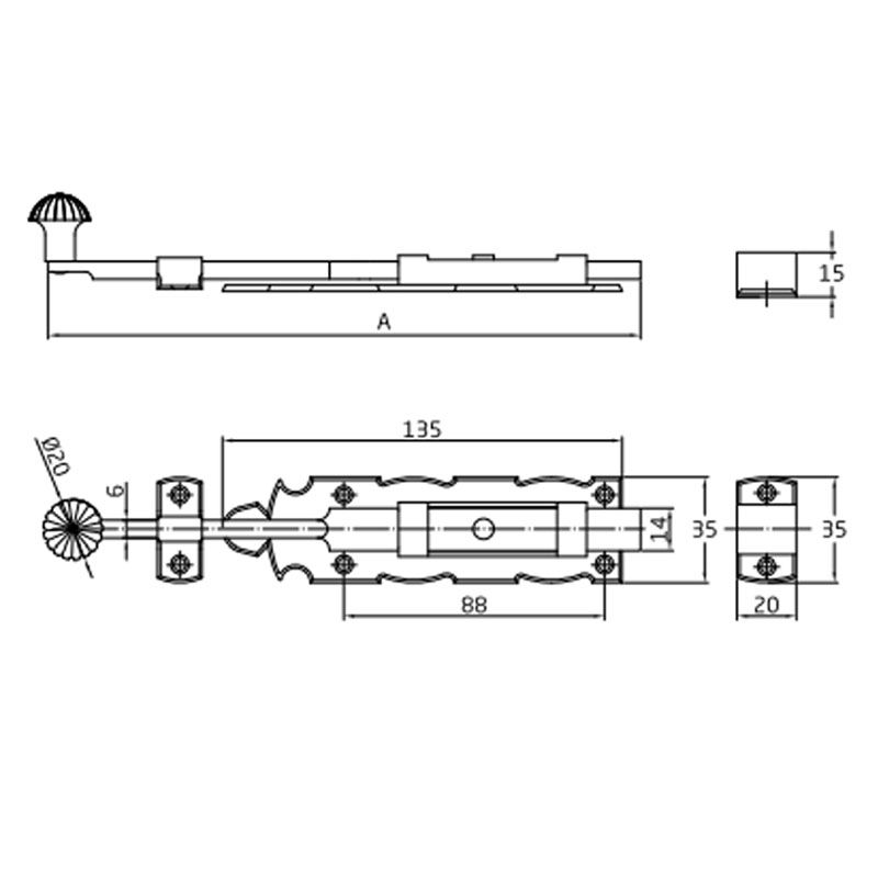 AMIG 411/6108 TOLÓZÁR LAPOS 150*35mm FEKETE KOVÁCSOLT VAS JELLEGŰ  BÚTORVASALAT