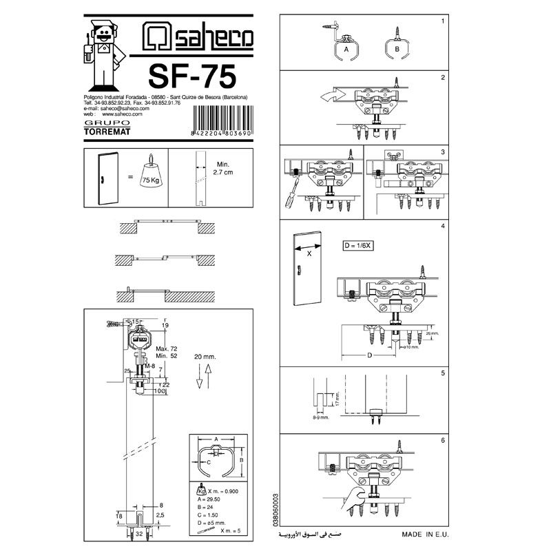 SAHECO SF75 TOLÓAJTÓ VASALAT SF75 GÖRGŐK+VEZETŐK EGY AJTÓRA  AJTÓVASALAT