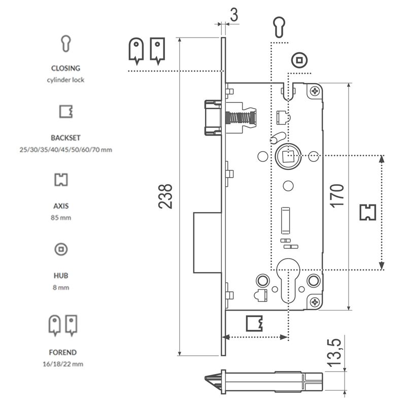 ZÁRTEST BEVÉSŐ CILINDERES 70/85/22/8 KEREK SR. ELŐLAP AGB B808527003 SICUREZZA 2.0 AJTÓZÁR