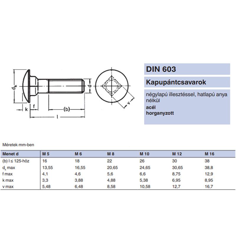 KAPUPÁNTCSAVAR M12*90 DIN 603 4.6 HG.  METRIKUS CSAVAROK