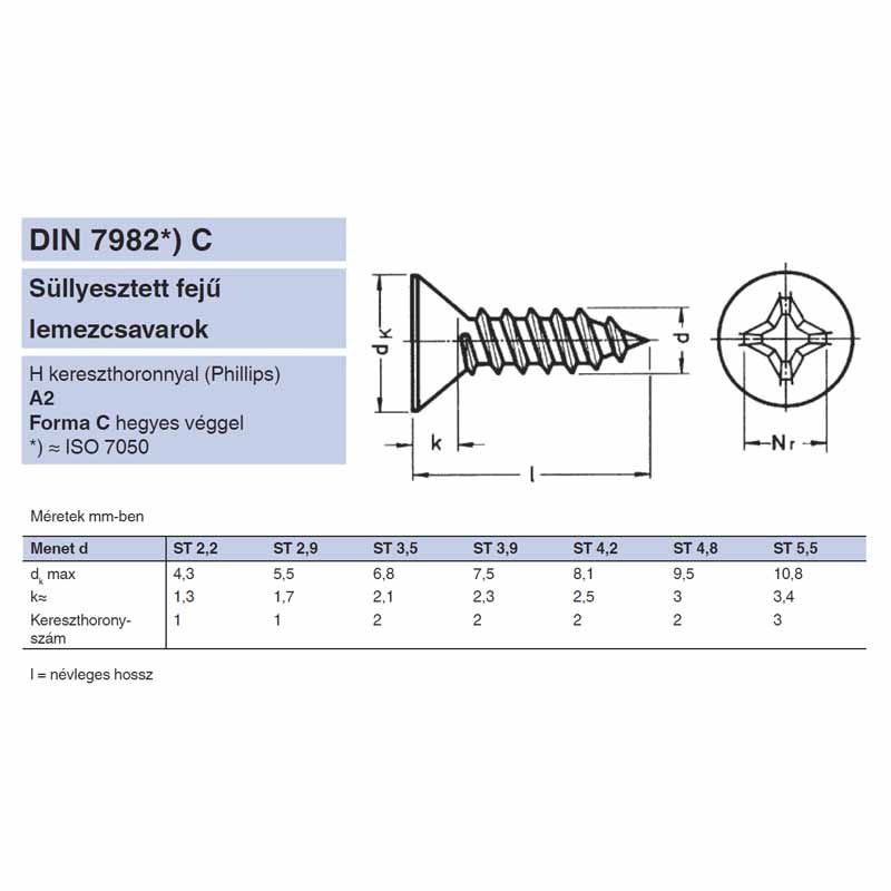 LEMEZCSAVAR SFKH D6.3*60 DIN 7982 A2 PH INOX 