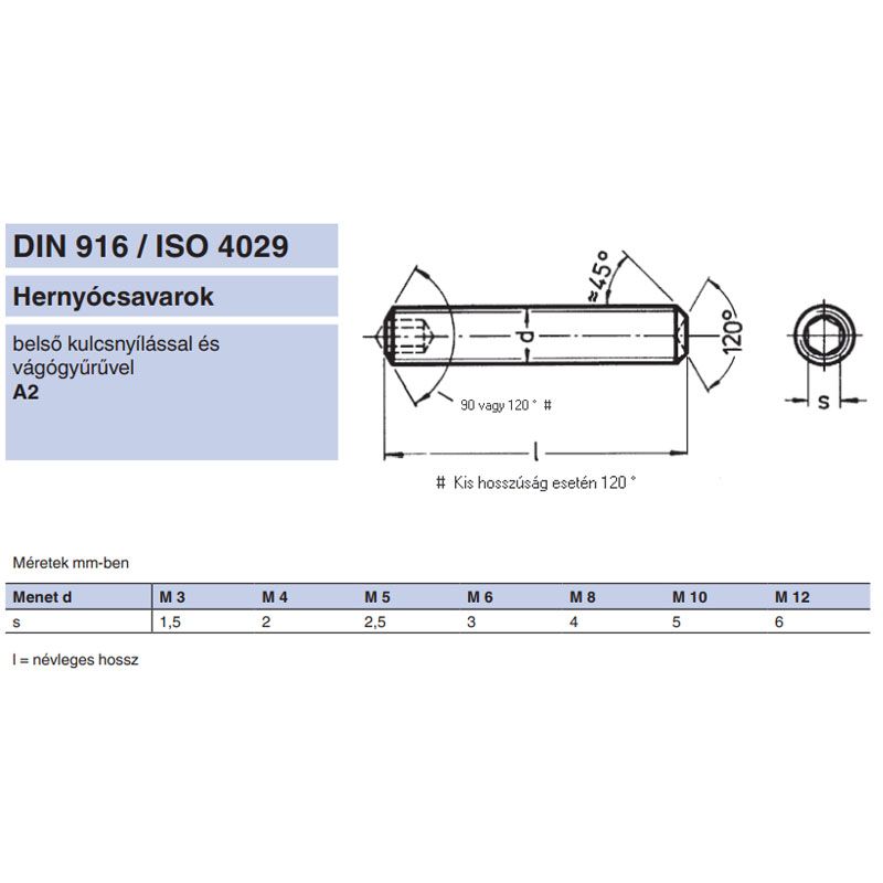 HERNYÓCSAVAR BK M10*60 DIN 916 A2 BELSŐKÚPOS INOX  METRIKUS CSAVAROK