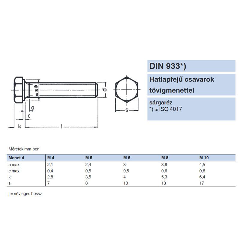 HLF CSAVAR M8*20 DIN 933 SÁRGARÉZ TM IMPORT METRIKUS SÁRGARÉZ CSAVAROK