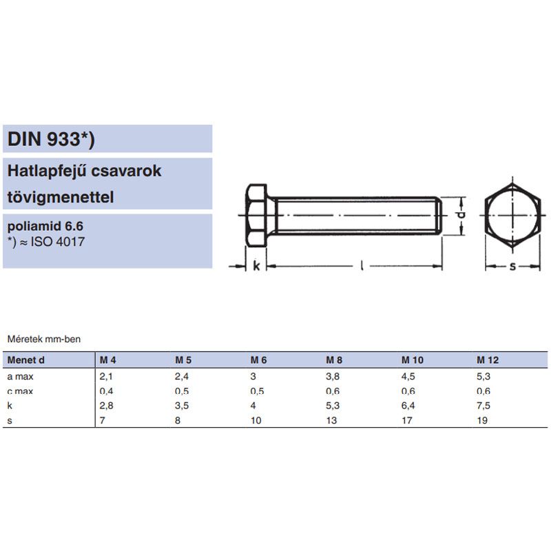 HLF CSAVAR M10*50 DIN 933 PA6.6 TM IMPORT METRIKUS CSAVAROK